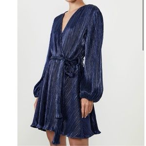 Bardot Bellissa Pleated Navy Shimmer Long Sleeve Faux Wrap Dress Size 6